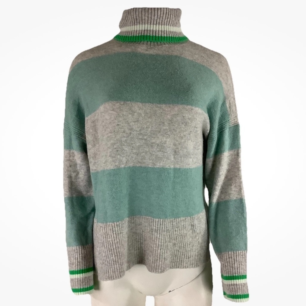 J Crew Sz S Wide Stripe Turtleneck In Super Soft Yarn Alpaca Blend Green Gray - Picture 1 of 8